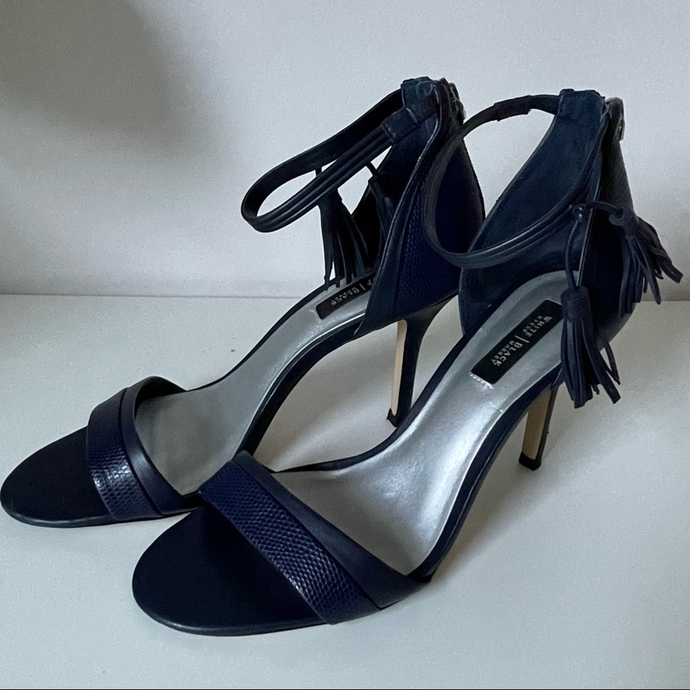 WHBM Navy Leather High-Heeled Sandals with Tassels